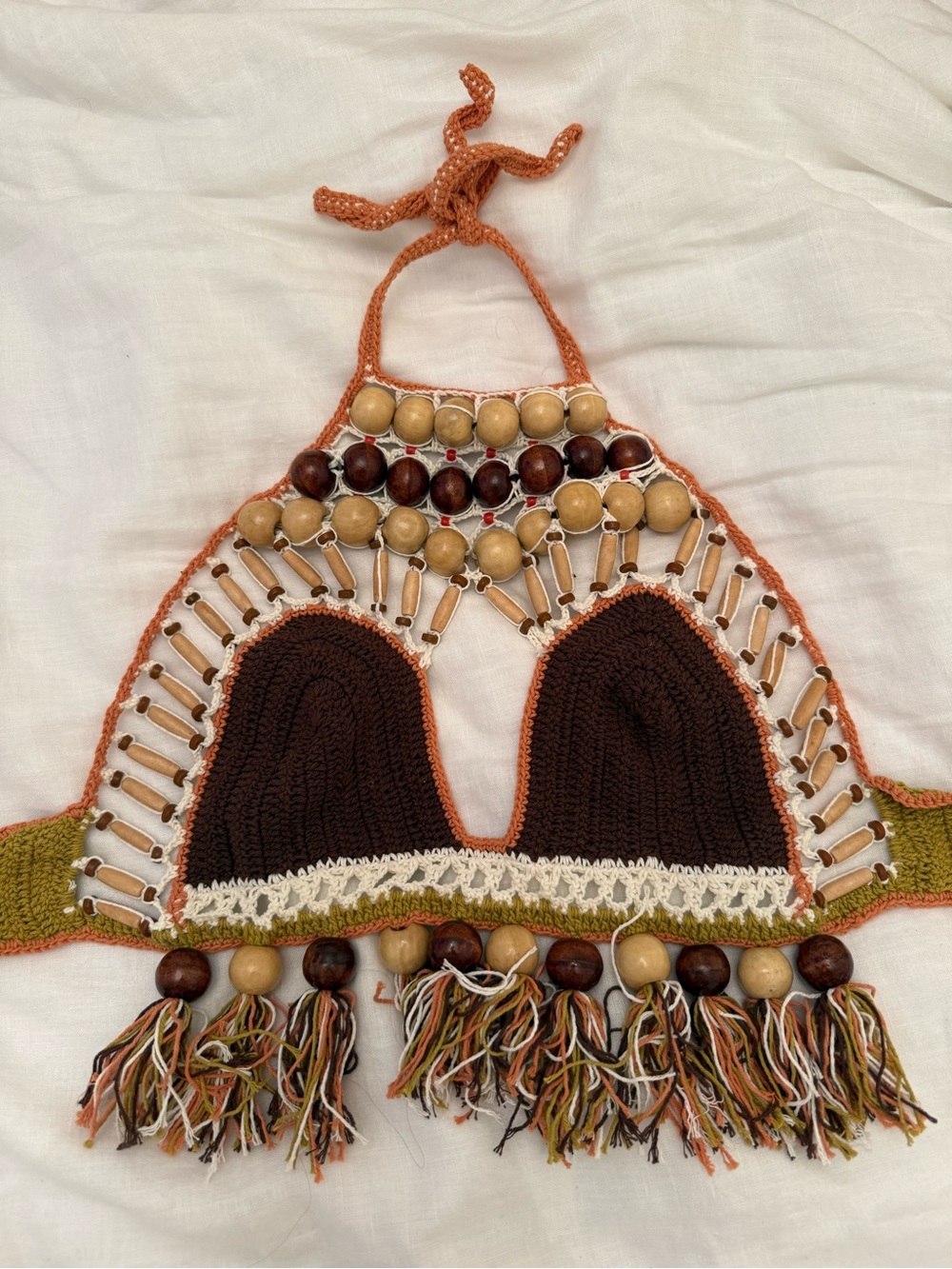 ANDI BAGUS Tribal Brown Green Crochet Beaded Halter Top